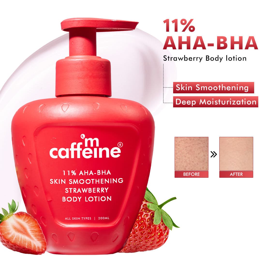 mCaffeine 11% AHA BHA Strawberry Body Lotion for Smooth Skin, Gently Exfoliates, 72H Moisturization