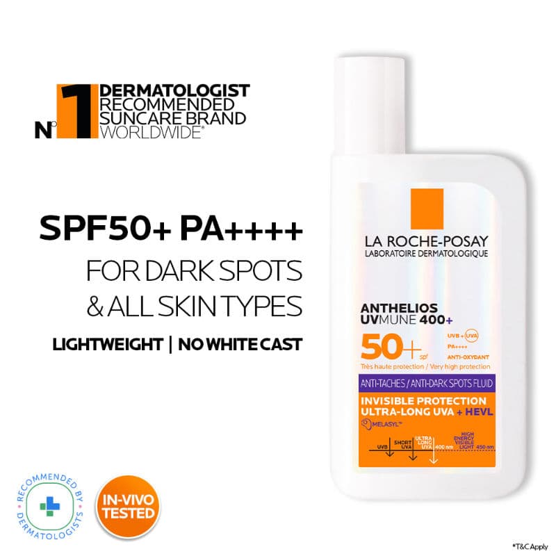 La Roche-Posay Anthelios UVMUNE400 Anti-Dark Spot Fluid SPF50+ Sunscreen with Melasyl for pigmented skin