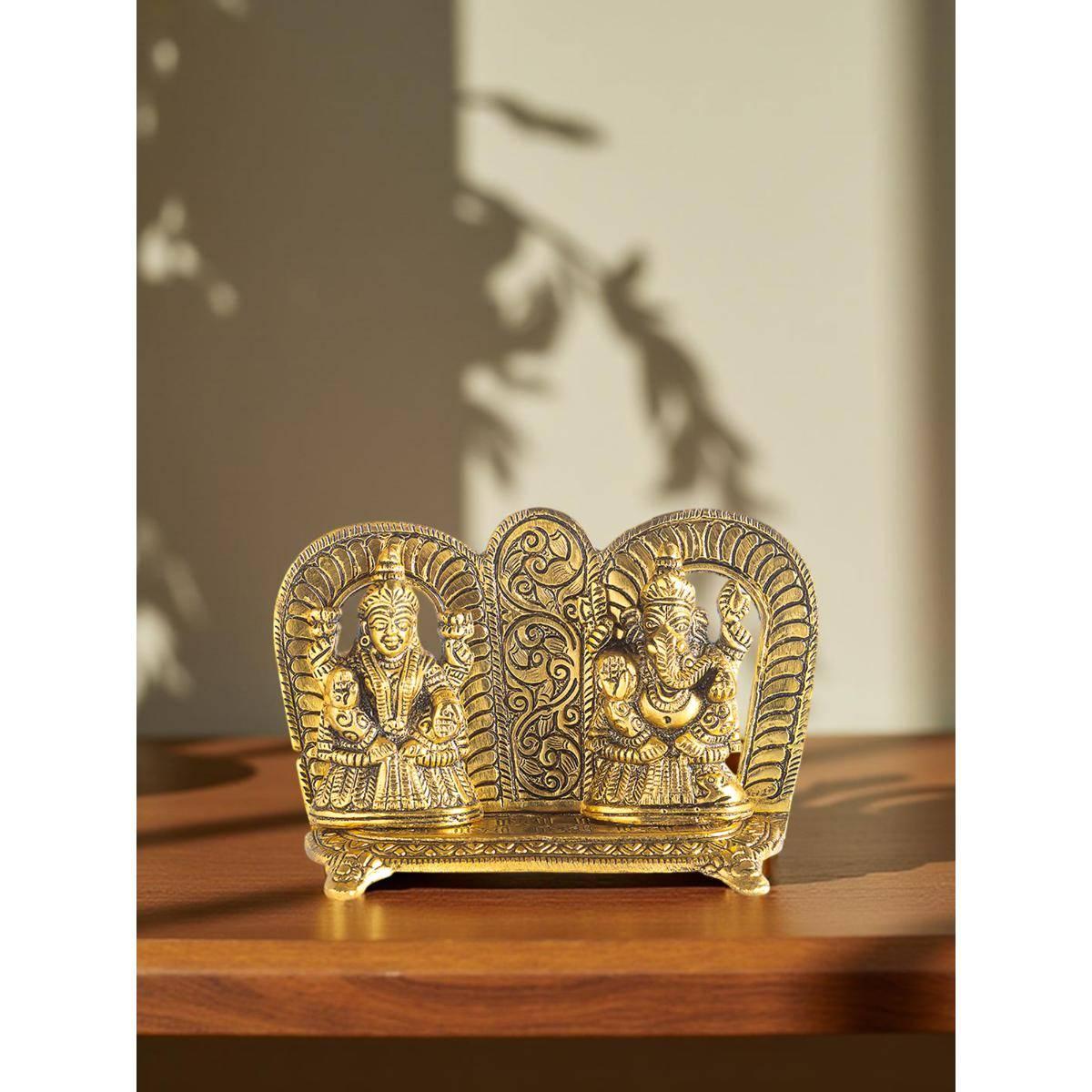 Golden Peacock Gold-Toned Lord Lakshmi & Ganesha Brass Idol Showpiece