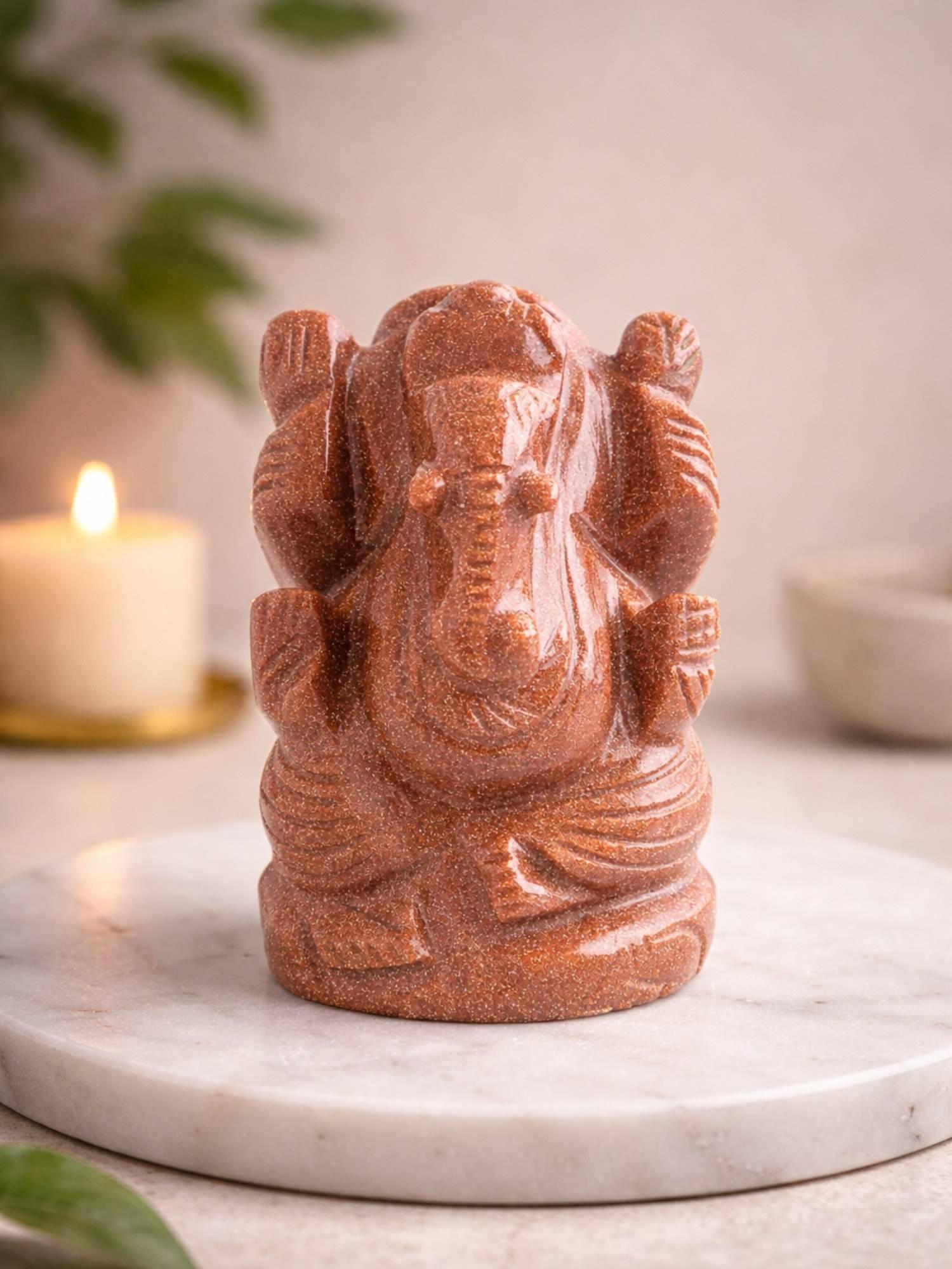 Golden Peacock Goldstone Lord Ganesha Idol Handcrafted Stone Figurine for Home Decor & Gifting