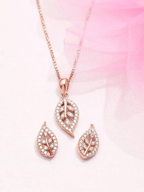 Zavya 92.5 Sterling Silver Simplicity Leaf Rose Gold Necklace & Earring Set