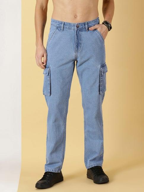 Thomas Scott Light Blue Slim Fit Lightly Washed Cargo Jeans