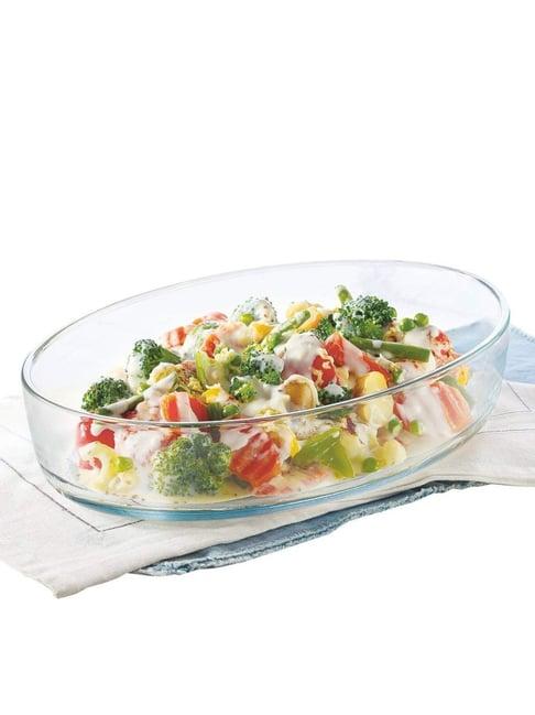 Borosil 700ml Oval Shape Dish - Borosilicate Glass Bakeware and Serveware Tray - Microwave Safe Bowl