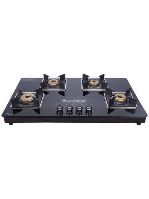 Wonderchef Octavia 4 Burner 8mm Toughened Glass Top Manual Cooktop with Forged Brass Burners (Black)