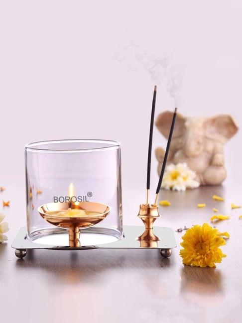 Borosil Brass Aarti Diya with Borosilicate Glass Chimney - Puja Dia for Mandir