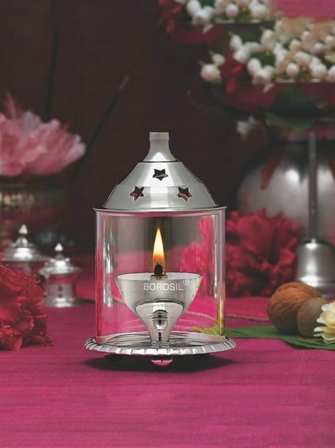 Borosil Small Size Akhand Diya Decorative Nickel Glass Oil Lamp Tea Light Holder