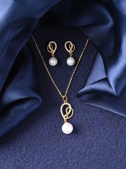 Clara 925 Sterling Silver Gold Plated Swiss Zirconia Zahab Pearl Interlocked Pendant Earrings Chain Necklace Jewellery Set for Women and Girls