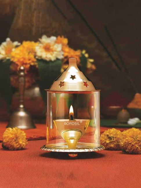 Borosil Small Size Brass Akhand Diya with Borosilicate Glass Chimney Puja Dia for Mandir