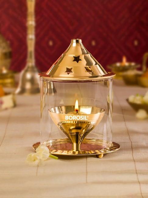 Borosil Medium Size Brass Akhand Diya with Borosilicate Glass Chimney - Puja Dia for Mandir