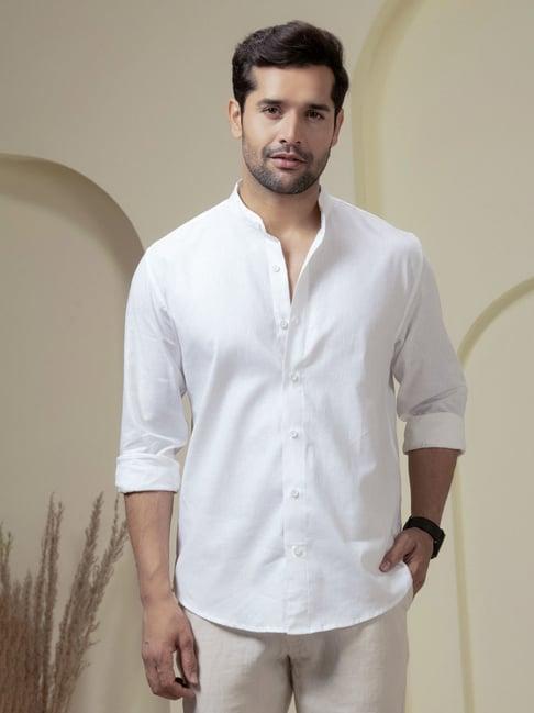 Perch White Linen Blend Slim Solid Casual Shirts