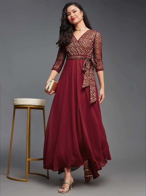 Miss Chase Maroon Floral Printed Relaxed Fit V Neck 3/4th Sleeve Georgette Maxi Dress