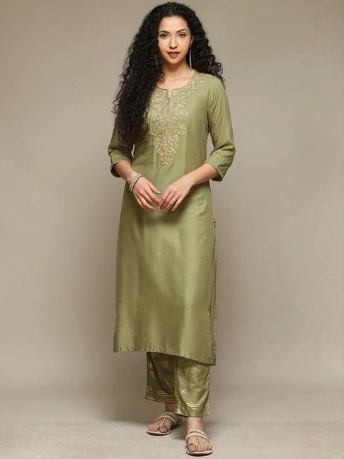 Biba Sape Green Plain Kurta With Pant Set