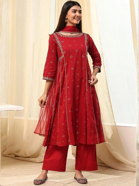 Biba Red Cotton Printed Kurta and Pant with Dupatta