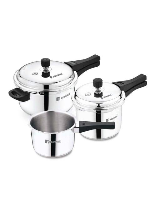 Bergner Sorrento Silver Stainless Steel Induction Bottom Outer Lid Pressure Cooker - Set of 3