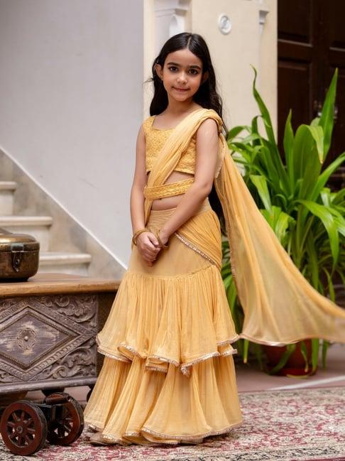 Cutiediva Girls Cream Over Dyed Saree