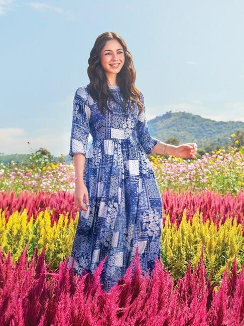 Aurelia Blue Geometric Print Flared Kurta