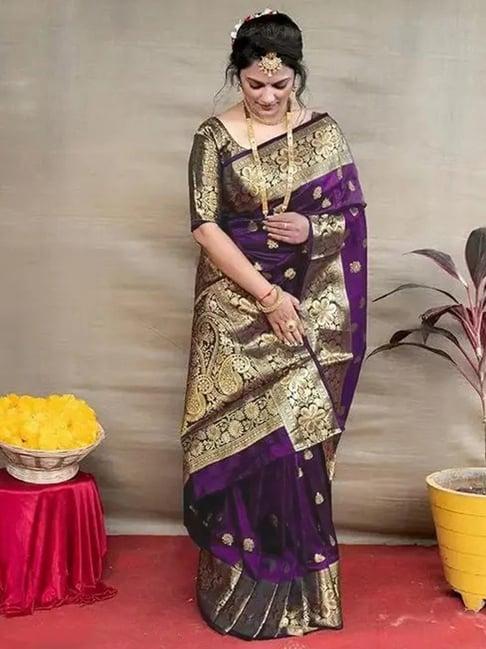 Satrani Purple Silk Woven Saree With Unstitched Blouse