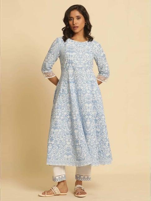 W Blue Pure Cotton Regular Fit Printed Kurta