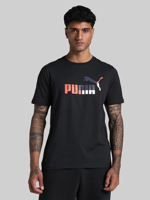 Puma Black Cotton Regular Fit Logo Printed Sports T-Shirt