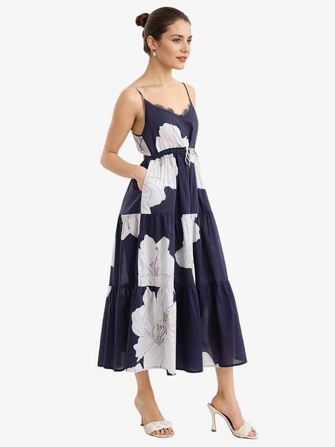 RAREISM Navy Cotton Printed Sleeveless Dress