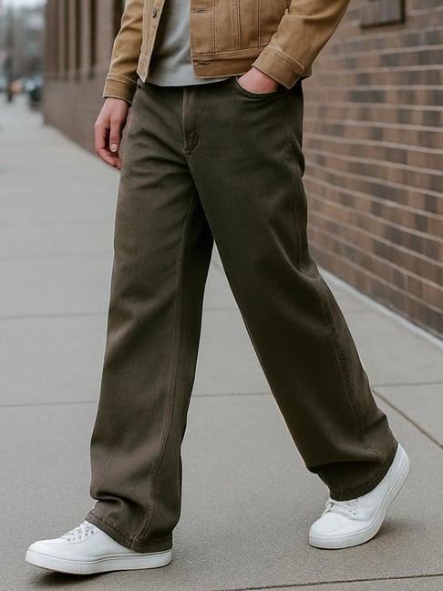 Bewakoof Men's Olive Green Super Baggy Fit Mid-Rise Jeans