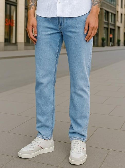Bewakoof Men's Light Blue Washed Slim Straight Fit Stretchable Mid-Rise Jeans