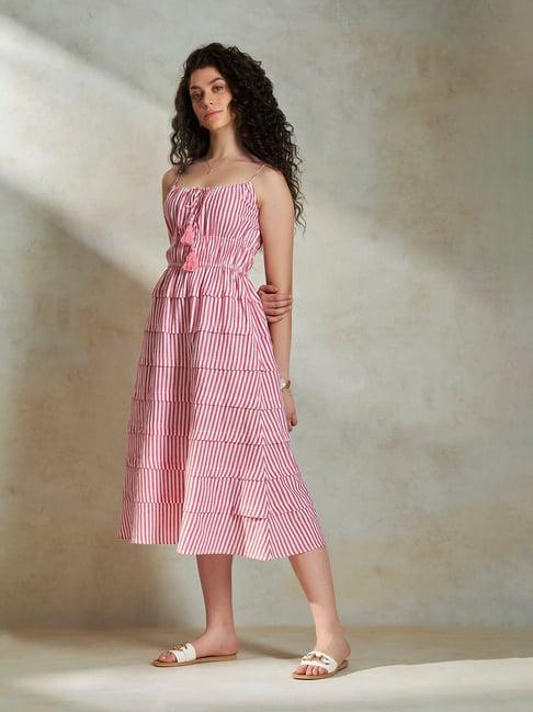 VIRGIO Women Pure Cotton Striped Tiered Midi Dress