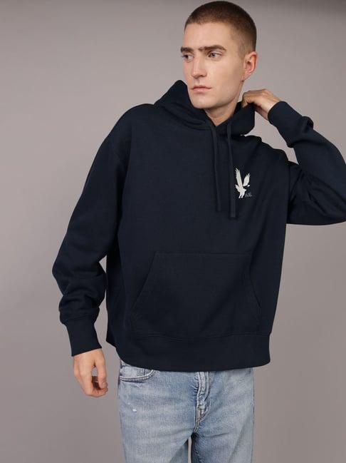American Eagle Navy Cotton Regular Fit Printed Hooded Sweatshirt