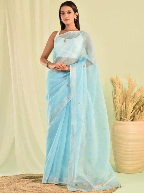 Jaypore Turquoise Blue Linen Embellished Saree