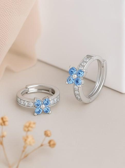 Zavya 925 Sterling Silver Blue Bloom Pave Hug Rhodium Plated Huggie Earrings for Women