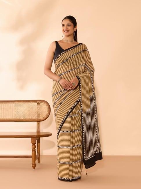 Taneira Brown Viscose Striped Saree With Unstitched Blouse
