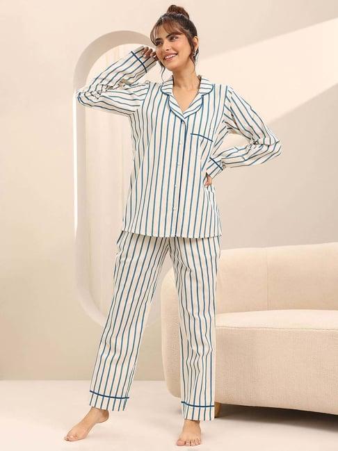 Libas Off White Regular Fit Striped Night Suit