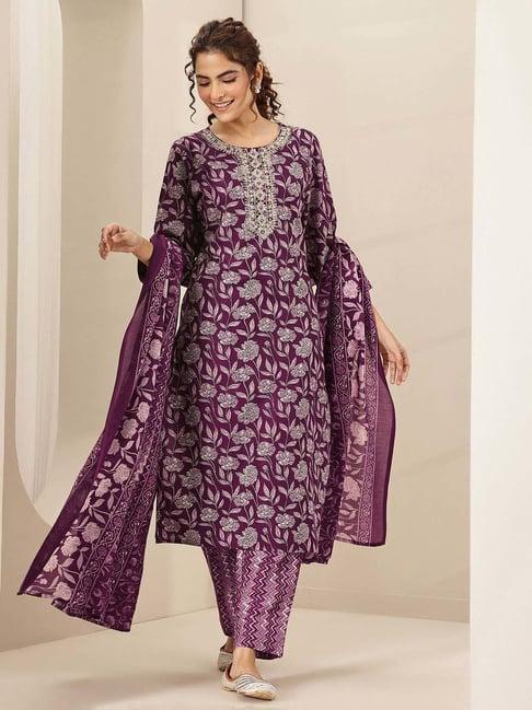 Libas Burgundy Straight Fit Floral Print Kurta Set