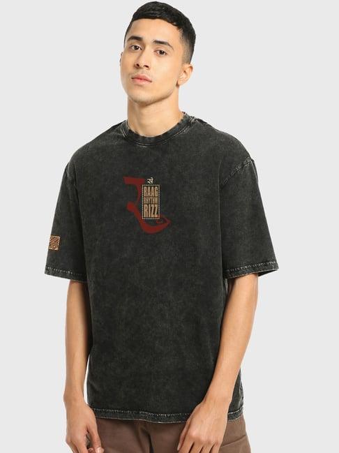 Bewakoof Men's Black Freedom Sounds Graphic Printed Oversized Acid Wash T-shirt