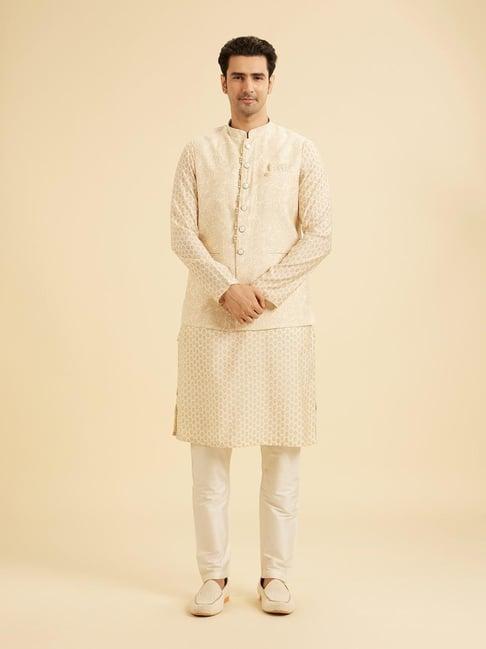 Manyavar Beige Regular Fit Printed Kurta Jacket Set