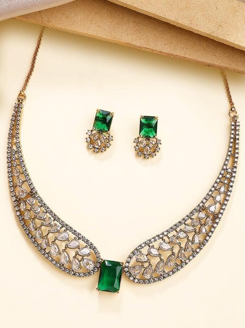 Karatcart Elegant Gold-Plated Green American Diamond Jewellery Set for Women