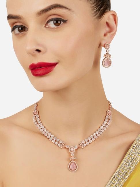 Zaveri Pearls Pink Stones Cubic Zirconia Contemporary Rose Gold Brass Necklace Earring Set