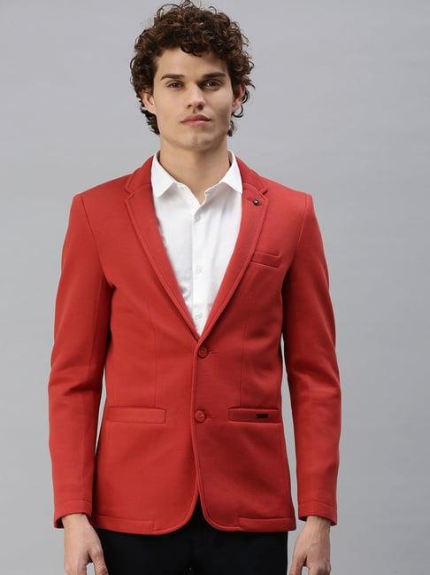 SHOWOFFFF Red Cotton Slim Fit Solid Blazer