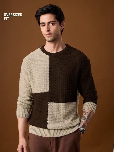 The Souled Store Brown Loose Fit Colour Block Sweater