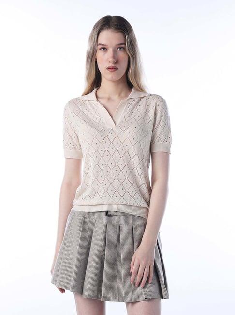 Only Off White Regular Fit Embellished Polo T-Shirt