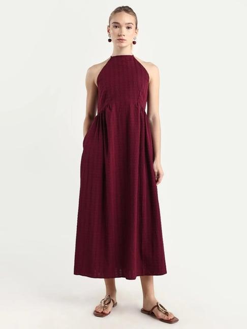 RAREISM Acina Maroon Polyester Sleeveless Fit And Flare Plain Dress