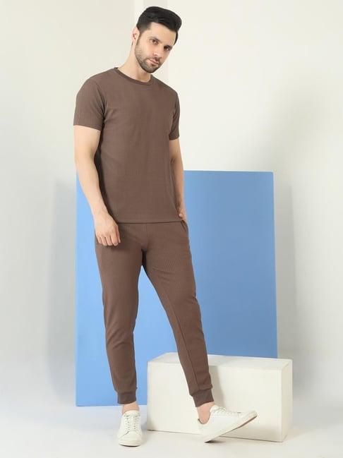 Sweet Dreams Taupe Regular Fit Cotton Polyblend ribbed textured jogger co-ord set
