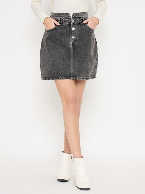MADAME Black Cotton Solid Skirt