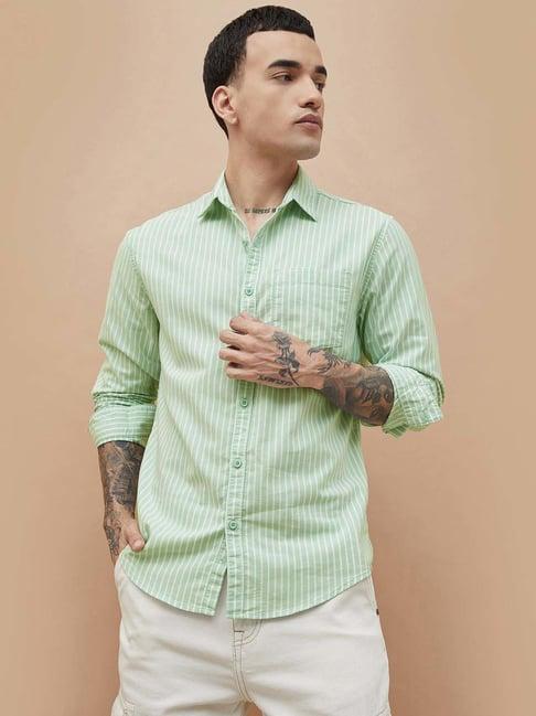 Fame Forever By Lifestyle Light Green Cotton Smart Fit Striped Shirt
