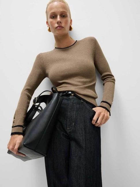 Marks & Spencer Brown Ribbed Tipped Detail Crew Neck Jumper