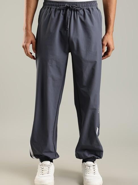 DOMIN8 Dark Grey Nylon Contrast Side Tape Detailing & Text Graphics Relaxed Fit Joggers