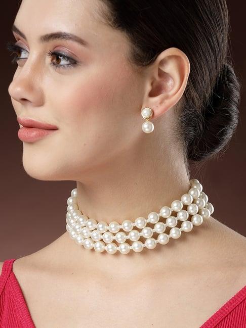 Karatcart White Pearl Beaded Choker Necklace Set for Women