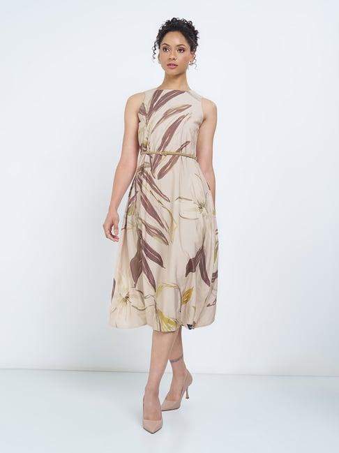 Annabelle By Pantaloons Beige Viscose Floral Print Midi Dress
