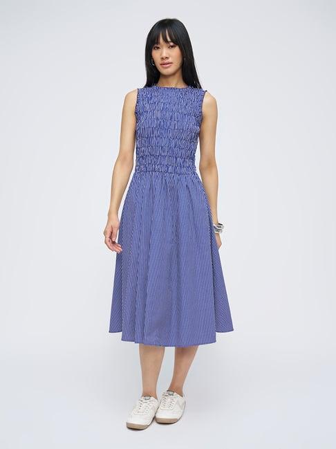 People By Pantaloons Blue Striped Fit & Flare Dress