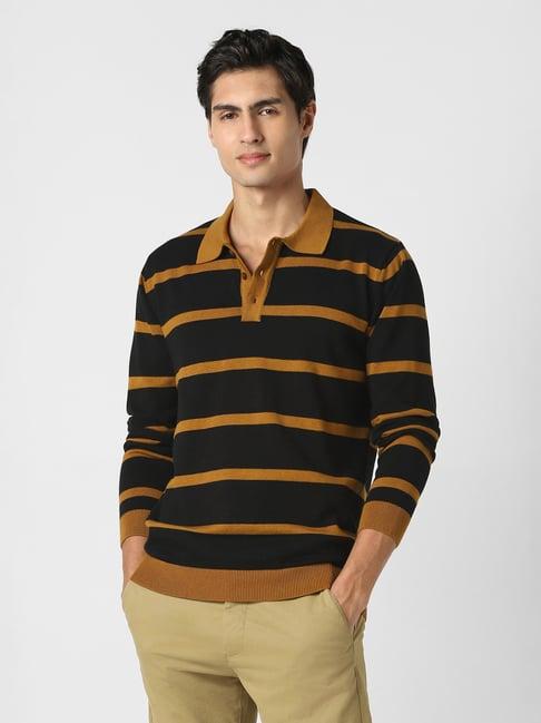 Peter England Black Cotton Striped Sweater